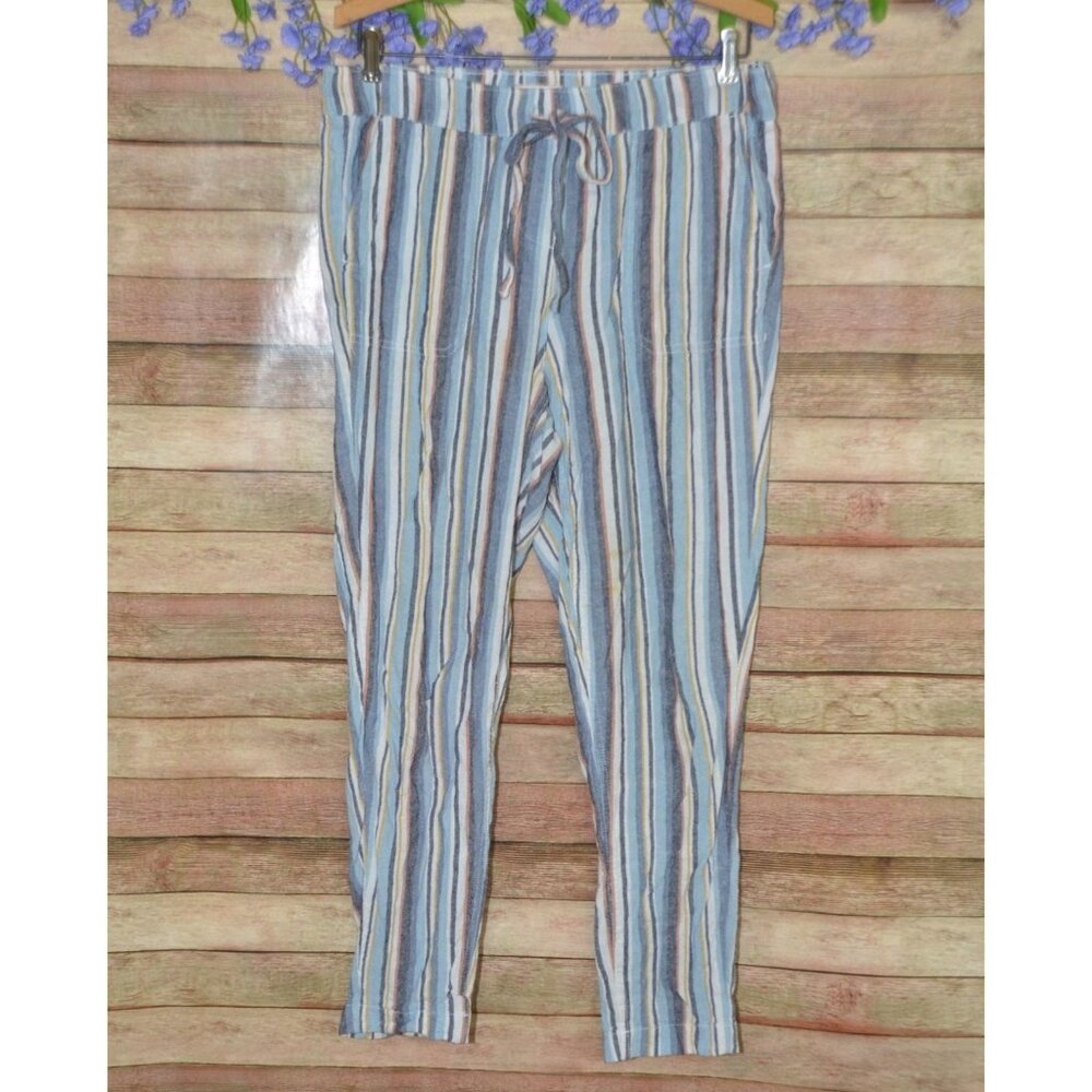 Per Se Linen Blend Straight Pants Women’s M Blue Striped Pull On Boho Coastal